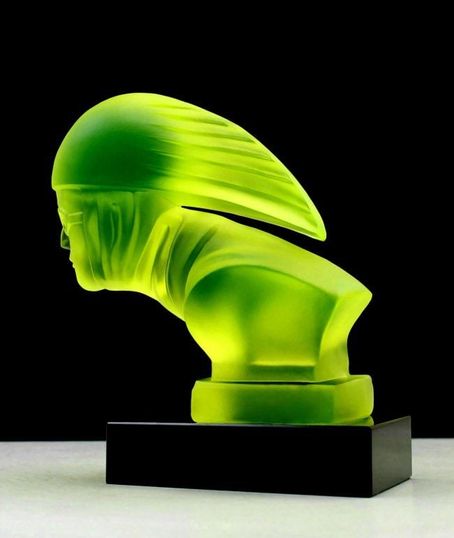 Art Deco Vaseline Uranium Glass ' Racer ' Car Mascot Hood Ornament Sculpture 1930' H.Hoffmann - 5