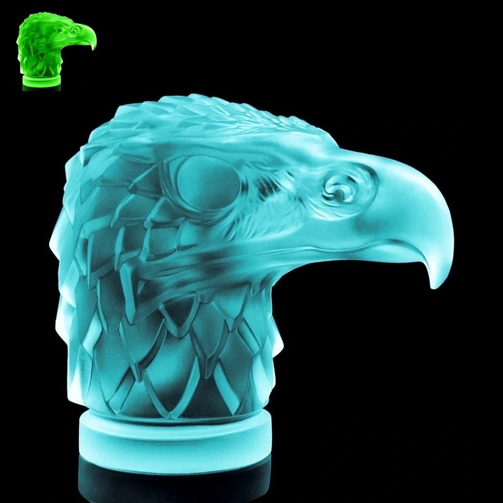 Art Deco Cyan Uranium Art Glass ' Head Eagle ' Hood Ornament Sculpture 1930' H.Hoffmann by Lalique: This piece is a great addition to collection or a great gift. Top Quality Aquamarine Cyan Vaseline Uranium Glass. This piece was made in Bohemia from ORIGINAL antique molds that were used during the 1