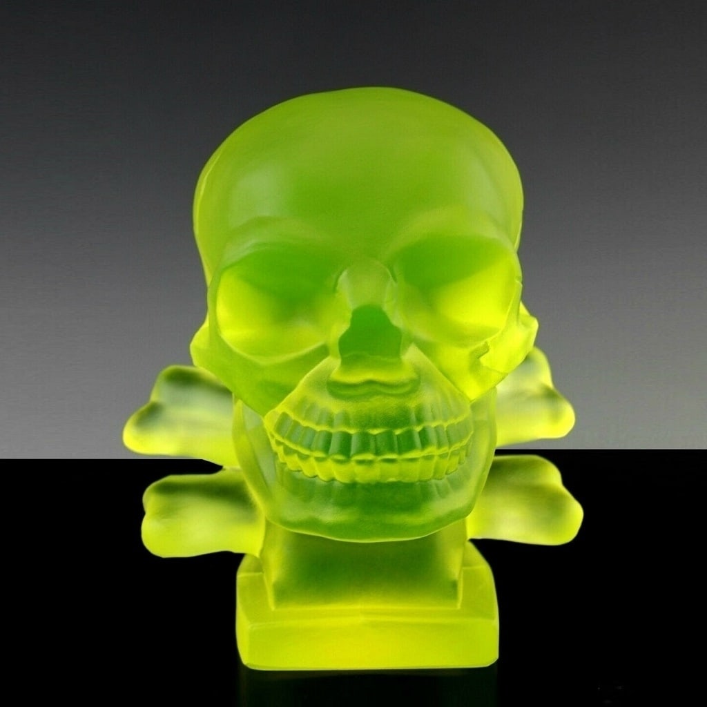 H. Hoffmann 1930' Skull Vaseline Uranium Art Glass Paperweight (1 of 6)