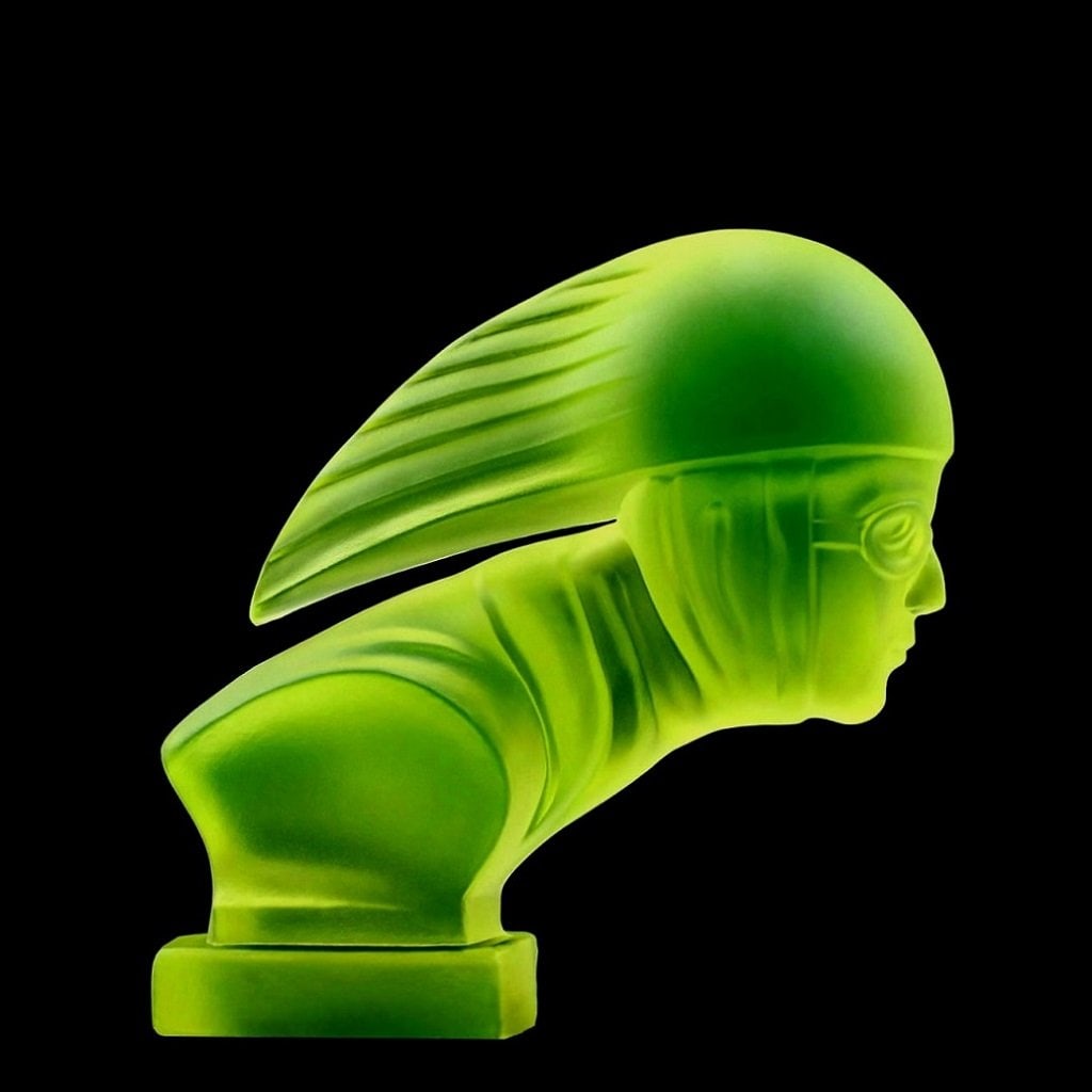 Art Deco 1930' Vaseline Uranium Glass ' Racer ' Hood Ornament Sculpture H.Hoffmann: This figurine it falls on to side, can't stand up by itself. Needs a Pedestal ! This piece is a great addition to collection or a great gift. Timeless design - Top Qality Art Deco Glass Car Mascot Hoo
