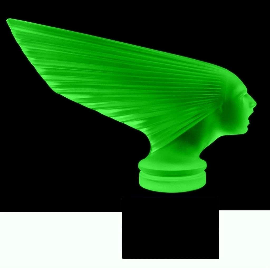 Art Deco 1930' Green Uranium Glass VICTOIRE Hood Ornament 'Spirit Of The Wind' H.Hoffmann by Lalique: This piece is a great addition to collection or a great gift. Art Deco Collectible Rare Green Uranium Glass Sculpture ' Spirit Of The Wind ' Hood Ornament, Car Mascot Figurine. It is breathtaking high