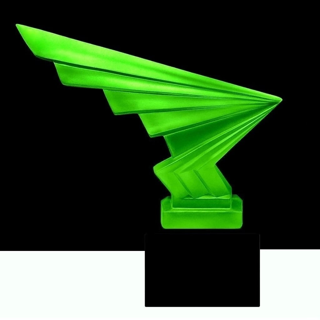 Art Deco 1930' H.Hoffmann Hood Ornament ' Flash ' Collectible Green Uranium Art Glass Sculpture: This piece is a great addition to collection or a great gift. Timeless design - Top Qality Collectible Art Deco Glass Car Mascot. Hood Ornament Art Glass Sculpture. This piece was made in Bohemia from