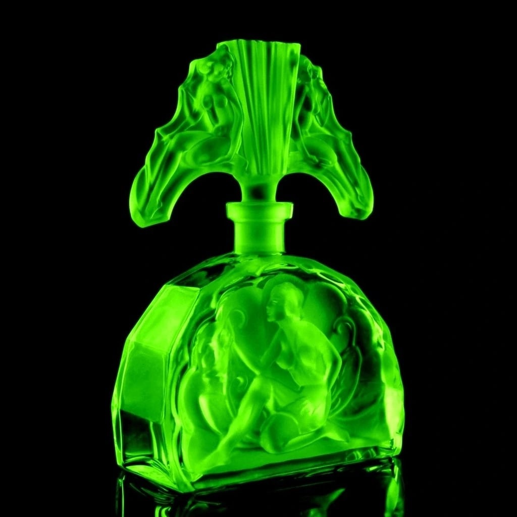 Art Deco Rare Green Uranium Glass Perfume Bottle 1930' H.Hoffmann: Top Quality Art Deco Green Uranium Glass Perfume Bottle. This new piece was made in Bohemia from ORIGINAL antique molds that were used during the 1930's - 1939's. It is breathtaking high quality satin