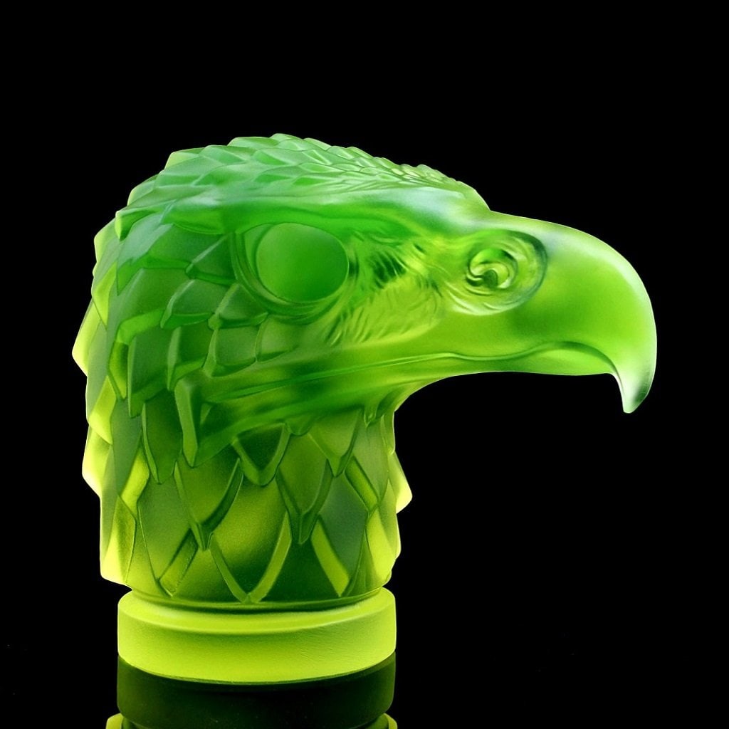 Uranium Art Glass Paperweight ' Head Eagle ' Art Deco Car Mascot 1930' H.Hoffmann by Lalique: Paperweight - Art Deco Vaseline Uranium Art Glass Car Mascot ' Head Eagle' Hood Ornament Figurine. This piece was made in Bohemia from the ORIGINAL antique vintage molds that was used back in 1930's -