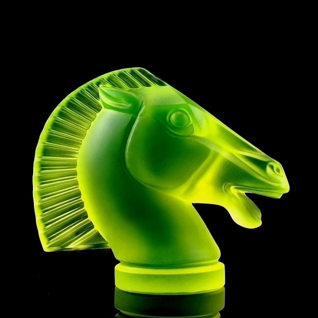 Art Deco Uranium Glass Hood Ornament ' Longchamp ' Paperweight 1930' H.Hoffmann by Lalique: This piece is a great addition to collection or a great gift. Timeless design - Top Qality Art Deco Vaseline Glass Car Mascot Sculpture' Head Horse ' Hood Ornament Figurine. This piece was made in Boh