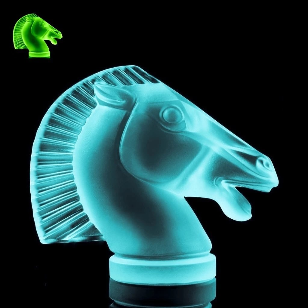 Art Deco Aquamarine Glass Figurine 'Head Horse' Hood Ornament Sculpture 1930' H.Hoffmann by Lalique: Top Quality Aquamarine Cyan Vaseline Uranium Glass. This piece was made in Bohemia from ORIGINAL antique molds that were used during the 1930's - 1939's. It is breathtaking high quality satin finish g