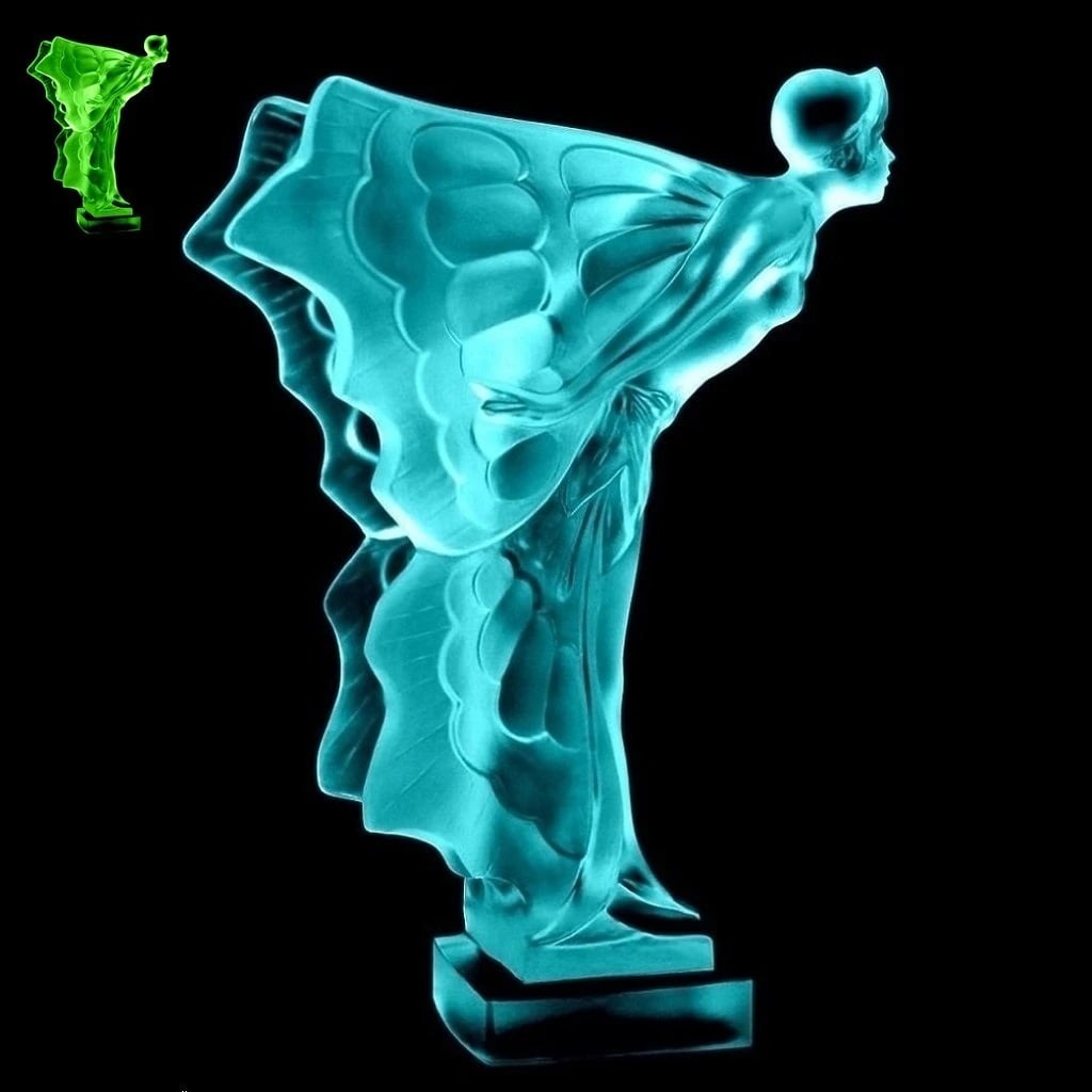 Art Deco Cyan Vaseline Uranium Glass Sculpture Rolls Royce ' Flying Lady ' 1930' H.Hoffmann: Top Quality Aquamarine Cyan Vaseline Glass. This piece was made in Bohemia from ORIGINAL antique vintage molds that were used during the 1930's - 1939's. It is BREATHTAKING high quality satin finish g