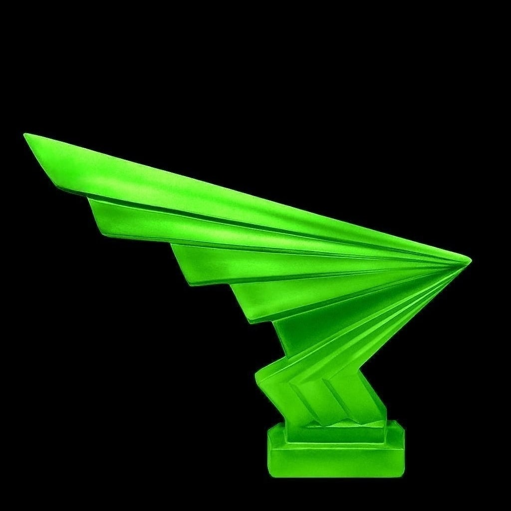 Art Deco Green Vaseline Uranium Glass ' Flash ' Car Mascot Hood Ornament Sculpture 1930' H.Hoffmann: This piece is a great addition to collection or a great gift. Timeless design - Top Qality Collectible Art Deco Glass Car Mascot. Hood Ornament Sculpture. This piece was made in Bohemia from the ORIGI