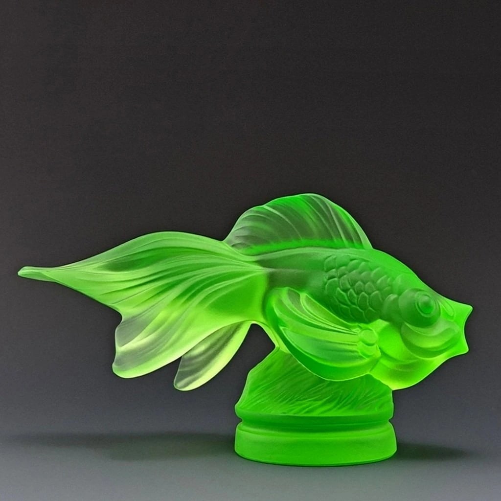 Art Deco Rare Green Uranium Glass Figurine ' Gold Fish ' Sculpture 1930' H.Hoffmann: Top Quality Green Uranium Glass. This car mascot was originally made by LALIQUE. This piece was made in Bohemia from ORIGINAL vintage antique molds that were used during the 1930's - 1939's. It is BRE