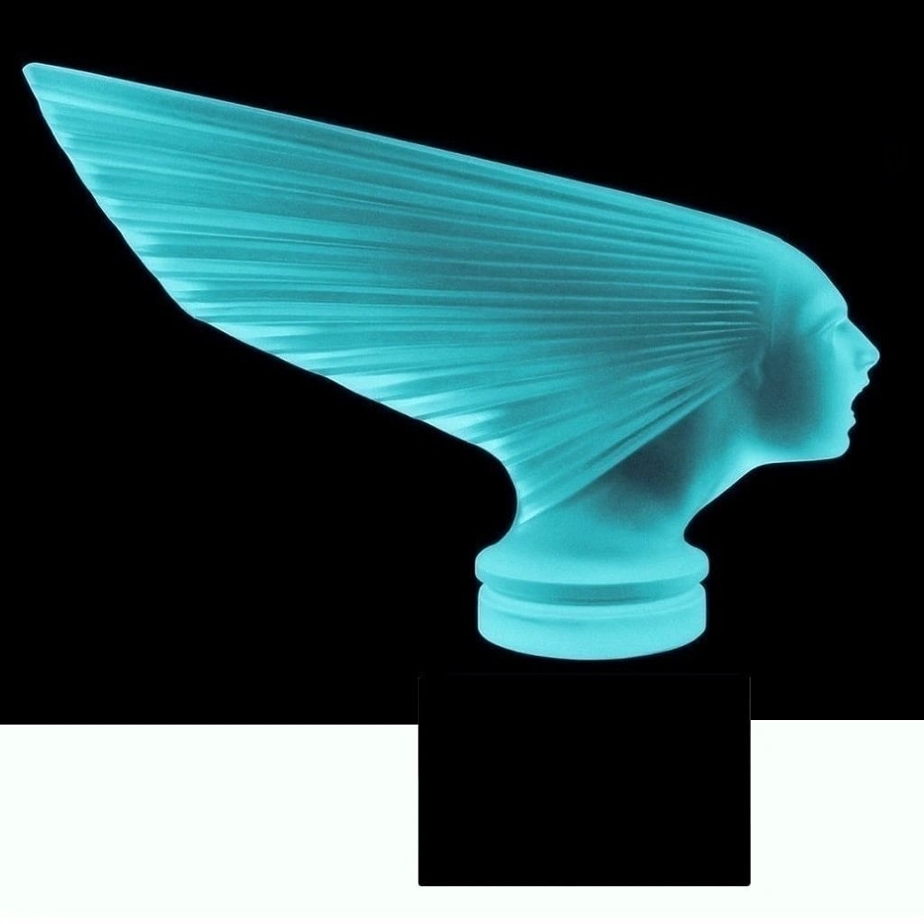 Rare Cyan Vaseline Glass ' Spirit Of The Wind ' VICTOIRE Hood Ornament 1930' H.Hoffmann by Lalique: This piece is a great addition to collection or a great gift. Art Deco Collectible Aquamarine Glass Sculpture ' Spirit Of The Wind ' Hood Ornament, Car Mascot Figurine. It is breathtaking high quality