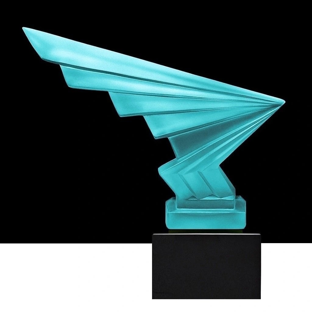 Art Deco Cyan Vaseline Glass Hood Ornament ' Flash ' Sculpture 1930' H.Hoffmann: Top Quality Aquamarine Cyan Vaseline Glass. This piece was made in Bohemia from ORIGINAL antique molds that were used during the 1930's - 1939's. It is breathtaking high quality satin finish glass scu