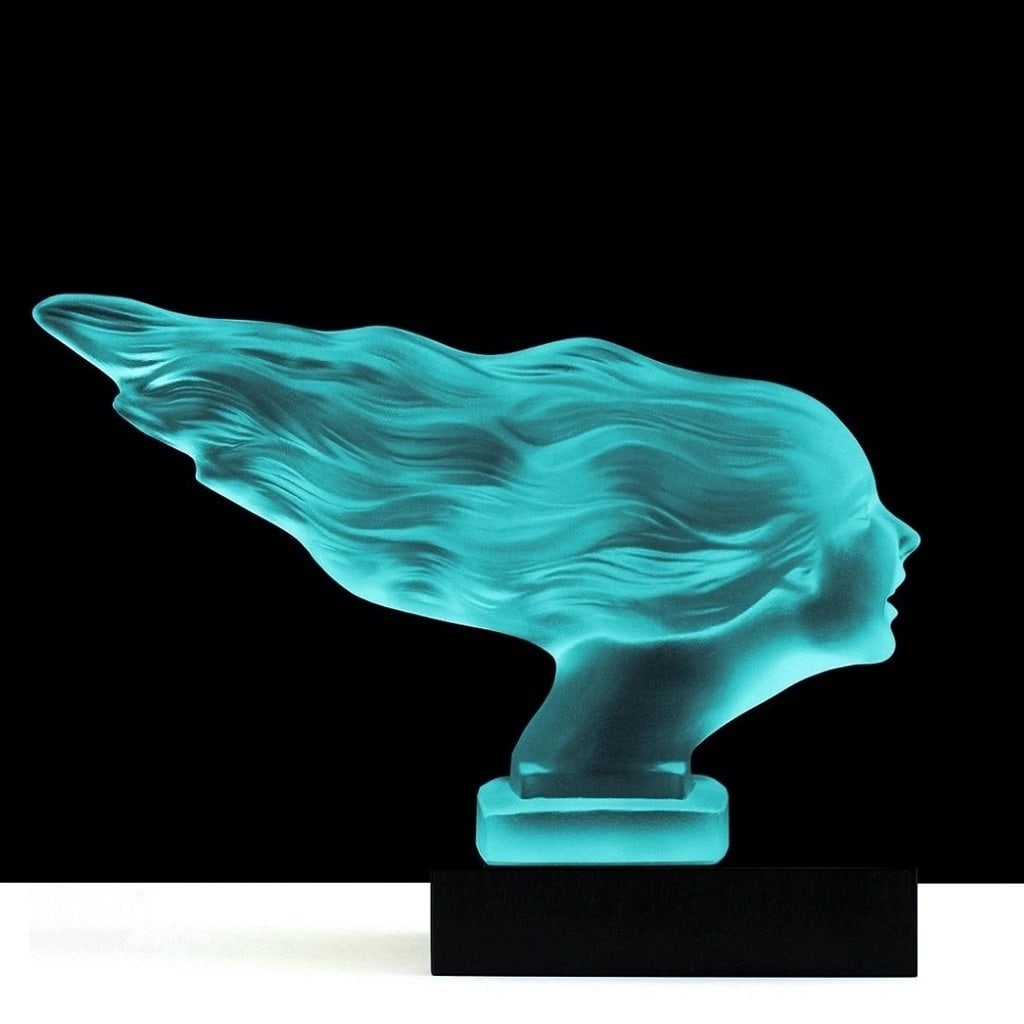 Art Deco Car Mascot ' Speed Girl ' Hood Ornament Sculpture 1930' H.Hoffmann: Top Quality Aquamarine Cyan Vaseline Glass. This piece was made in Bohemia from ORIGINAL antique vintage molds that were used during the 1930's - 1939's. It is BREATHTAKING high quality satin finish g