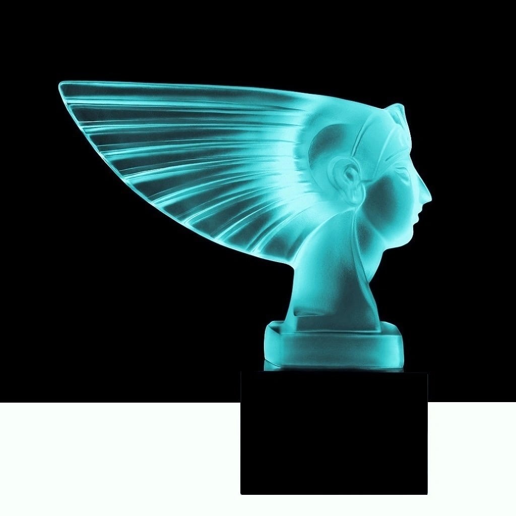 Art Deco Cyan Vaseline Glass ' Pharaoh Head ' Hood Ornament Sculpture 1930' H.Hoffmann: Top Quality Aquamarine Cyan Vaseline Glass. This piece was made in Bohemia from ORIGINAL antique molds that were used during the 1930's - 1939's. It is breathtaking high quality satin finish glass scu