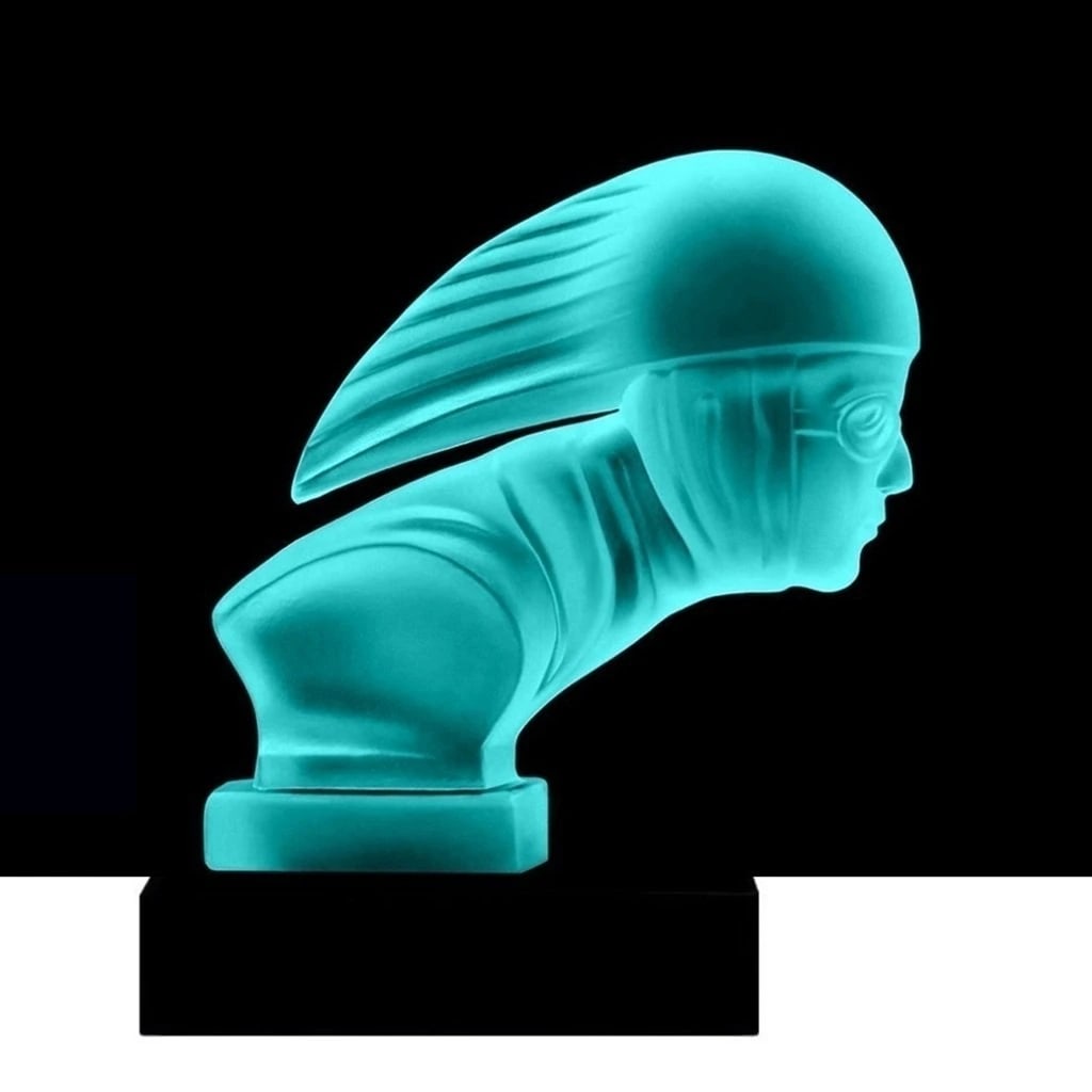 Art Deco Aquamarine Cyan Vaseline Glass ' Racer ' Hood Ornament Sculpture 1930' H. Hoffmann: This piece is a great addition to collection or a great gift. Top Quality Aquamarine Cyan Vaseline Uranium Glass. This piece was made in Bohemia from ORIGINAL antique molds that were used during the 1