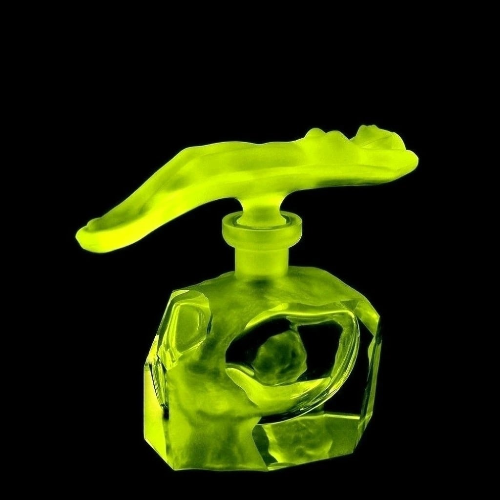 Art Deco Bohemian Vaseline Uranium Glass 1930' Perfume Bottle For Collectors H.Hoffmann: This piece is a great addition to collection or a great gift. Timeless design - Top Qality Bohemian Art Deco Vaseline Uranium Glass Perfume Bottle. This piece was made in Bohemia from the ORIGINAL ant