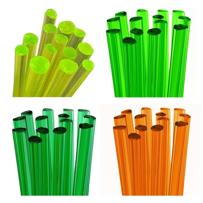 15 Yellow 15 Green 15 Dark Green 15 Amber Czech Uranium Glass Rods: 15 rods of each color ( total 60 pieces ). All these rods are made of high quality translucent uranium glass. It glows a beautiful neon green under UV/black light. COE 104 ( coefficient of expansion )