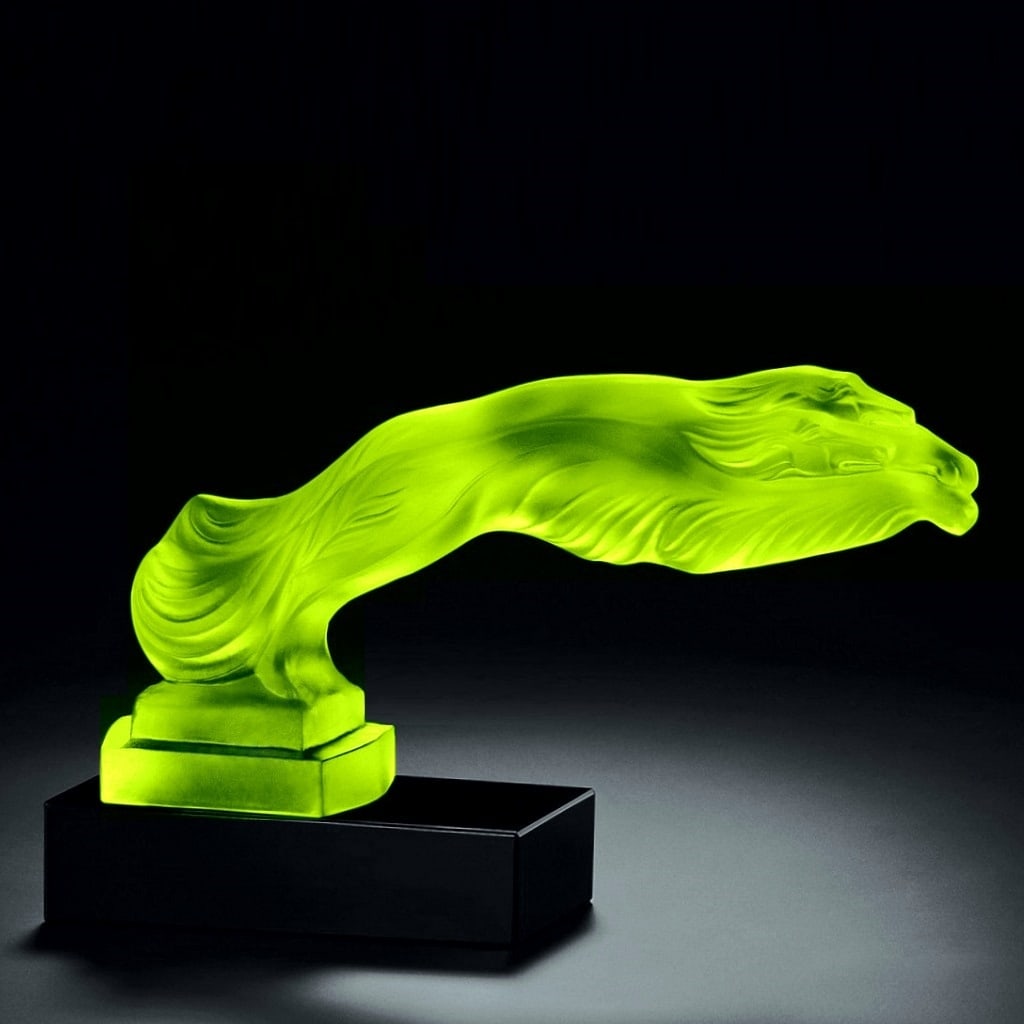 Art Deco Hood Ornament ' Greyhounds ' Vaseline Uranium Glass Sculpture 1930' H.Hoffmann: This piece is a great addition to collection or a great gift. Timeless design - Top Qality Art Deco Glass Car Mascot ' Greyhounds ' Hood Ornament ( 2 Dogs Figurine). This piece was made in Bohemia fro