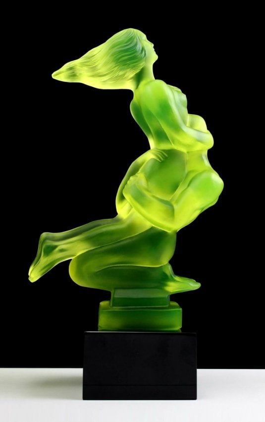 Art Deco Bohemian Vaseline Uranium Glass ' Lovers ' Car Mascot Figurine 1930' H.Hoffmann: Top Quality Vaseline Uranium Glass. This piece was made in Bohemia from ORIGINAL antique molds that were used during the 1930's - 1939's. It is BREATHTAKING high quality satin finish uranium glass scu