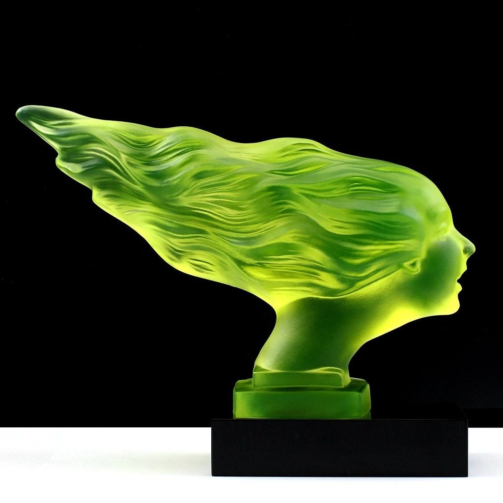 French Art Deco ' Speed Girl ' Hood Ornament Uranium Glass Sculpture 1930' H.Hoffmann: This piece is a great addition to collection or a great gift. Timeless design - Top Qality Collectible Art Deco Vaseline Uranium Glass Car Mascot Hood Ornament. This piece was made in Bohemia from the