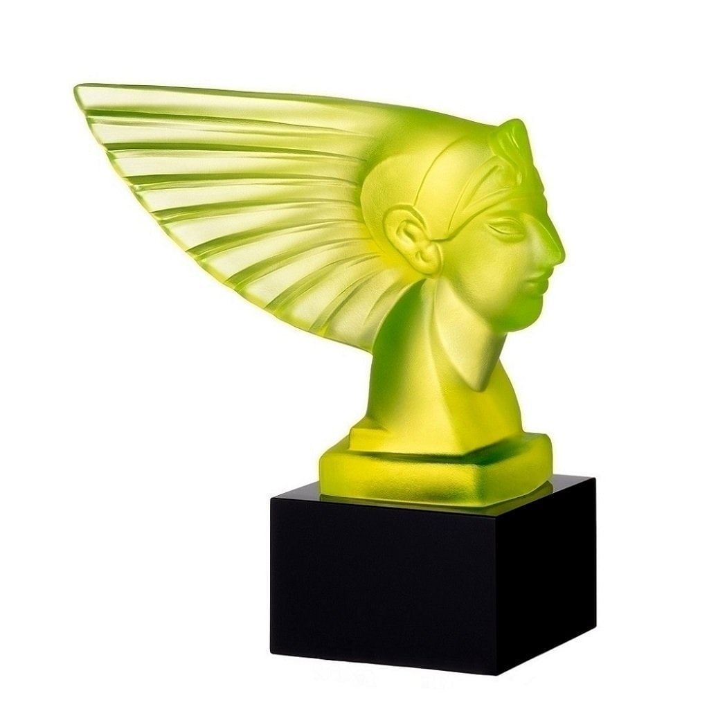 Art Deco Hood Ornament ' Pharaoh Head ' Vaseline Uranium Glass Sculpture 1930' H.Hoffmann: Top Quality Vaseline Uranium Glass. This piece was made in Bohemia from ORIGINAL antique molds that were used during the 1930's - 1939's. It is BREATHTAKING high quality satin finish uranium glass scu