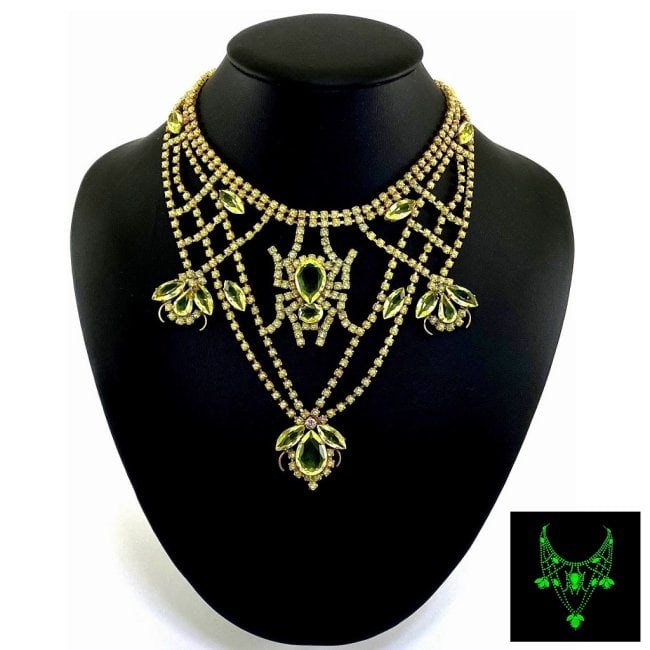 Art Deco Vaseline Uranium Glass Vintage Necklace Spider: Really nice piece that glows beautifully under UV light.All the stones in this necklace are from uranium glass. Made in Czechoslovakia. Dimensions: Measures 19" including extender and clasp. Adjustabl