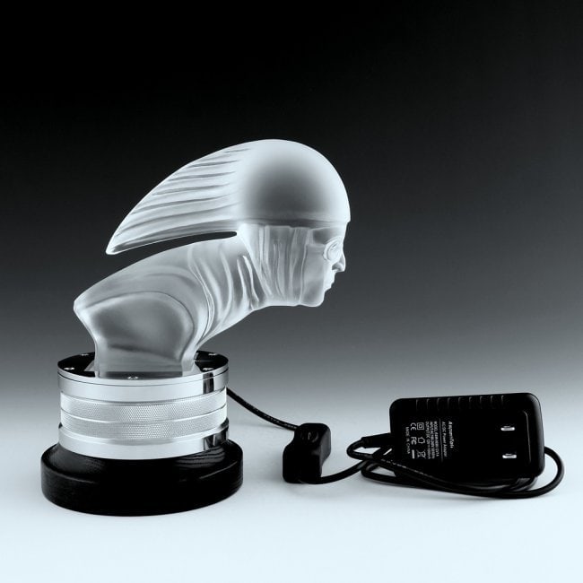 Automotive collectors item - illuminated Base + Art Deco Glass Hood Ornament: illuminated Stainless Steel Base + Art Deco Bohemian Glass Hood Ornament H.Hoffmann by Lalique + Wood Pedestal. This item is a great addition for your home, office or as a wonderful decoration on the