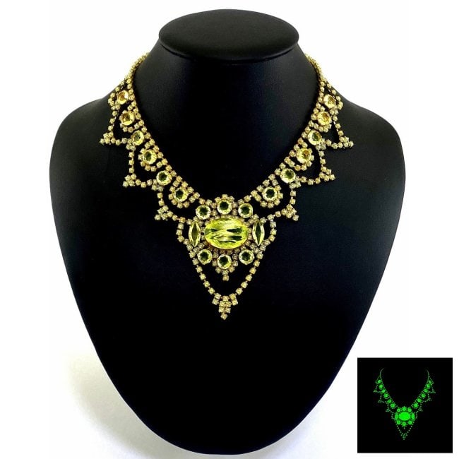 Art Deco Vaseline Uranium Glass Vintage Necklace: Really nice piece that glows beautifully under UV light. All the stones in this necklace are from uranium glass. Made in Czechoslovakia. Dimensions: Measures 19" including extender and clasp. Adjustab