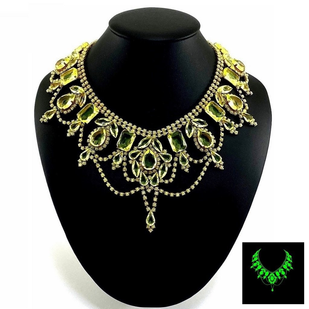 Art Deco Vaseline Uranium Glass Vintage Necklace: Really nice piece that glows beautifully under UV light. All the stones in this necklace are from uranium glass. Made in Czechoslovakia. Dimensions: Measures 18" including extender and clasp. Adjustab