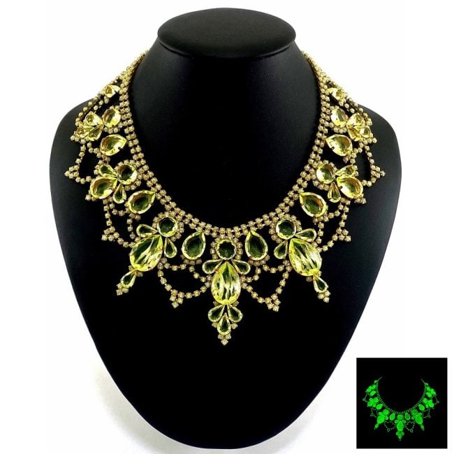 Art Deco Vaseline Uranium Glass Vintage Necklace: Really nice piece that glows beautifully under UV light. All the stones in this necklace are from uranium glass. Made in Czechoslovakia. Dimensions: Measures 19" including extender and clasp. Adjustab