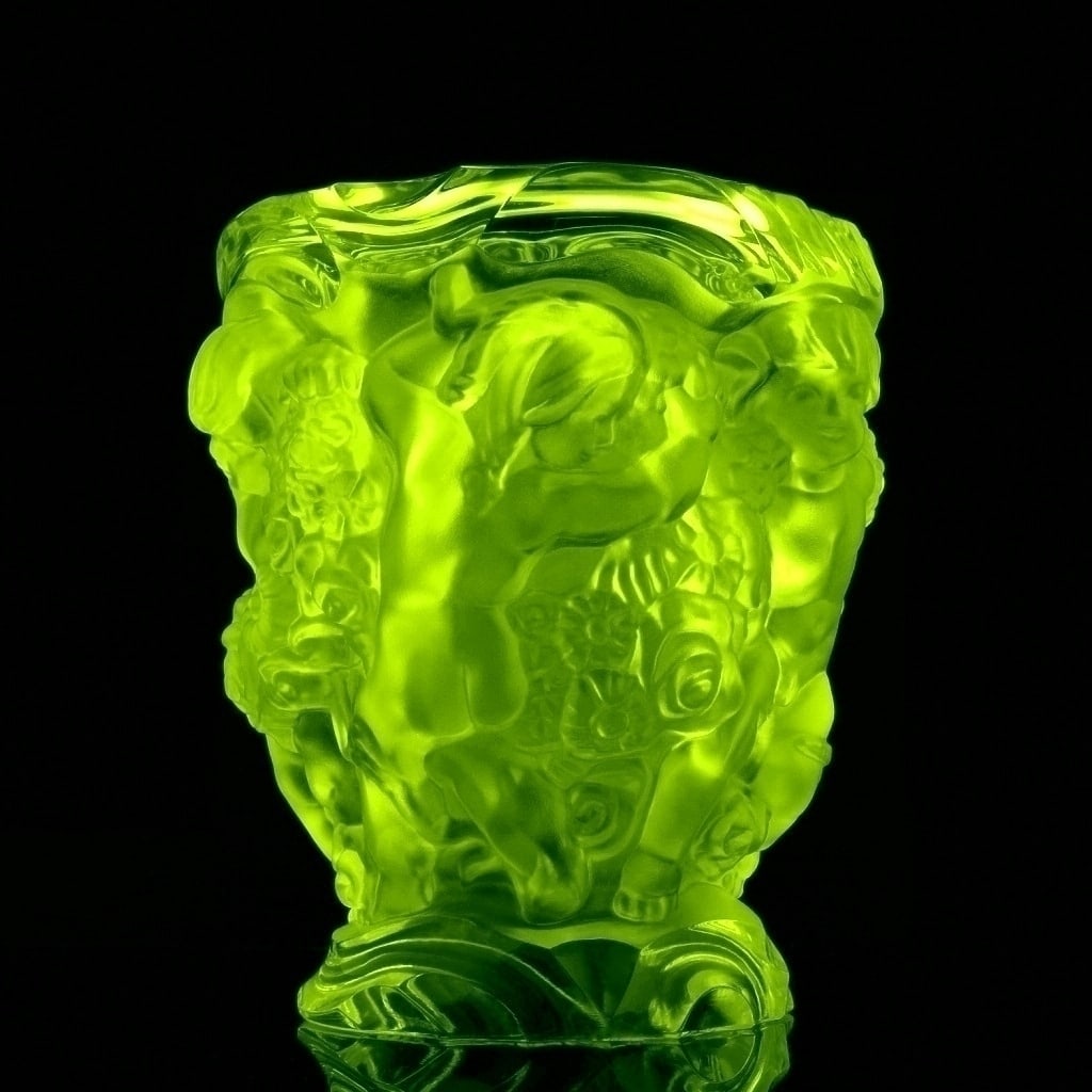 Art Deco Uranium Glass Putti Cherubs Figural Large Vase – 1930s H. Hoffmann: This uranium glass vase was produced in Bohemia from original period molds created by H. Hoffmann around 1930, during the height of the Art Deco movement. Made of yellow uranium glass, commonly referr