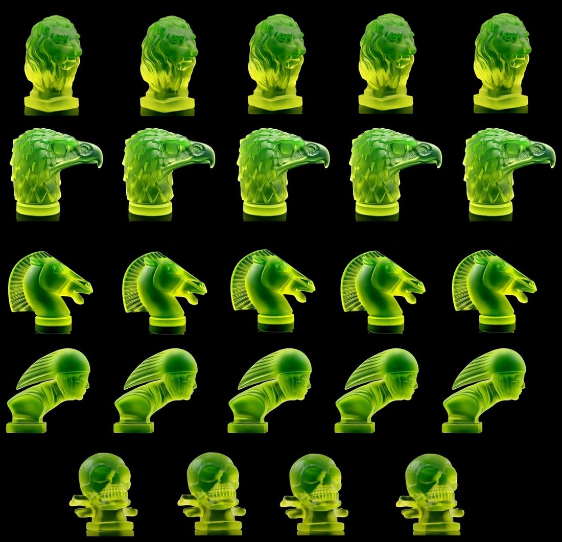 Art Deco Vaseline Uranium Sculptures ( 24 pieces ) Hood Ornament Figurines 1930' H.Hoffmann: This piece is a great addition to collection or a great gift. Timeless design - Top Qality Art Deco Vaseline Uranium Collectible Glass Car Mascot Statue Hood Ornament for Classic, old, veteran car. Th