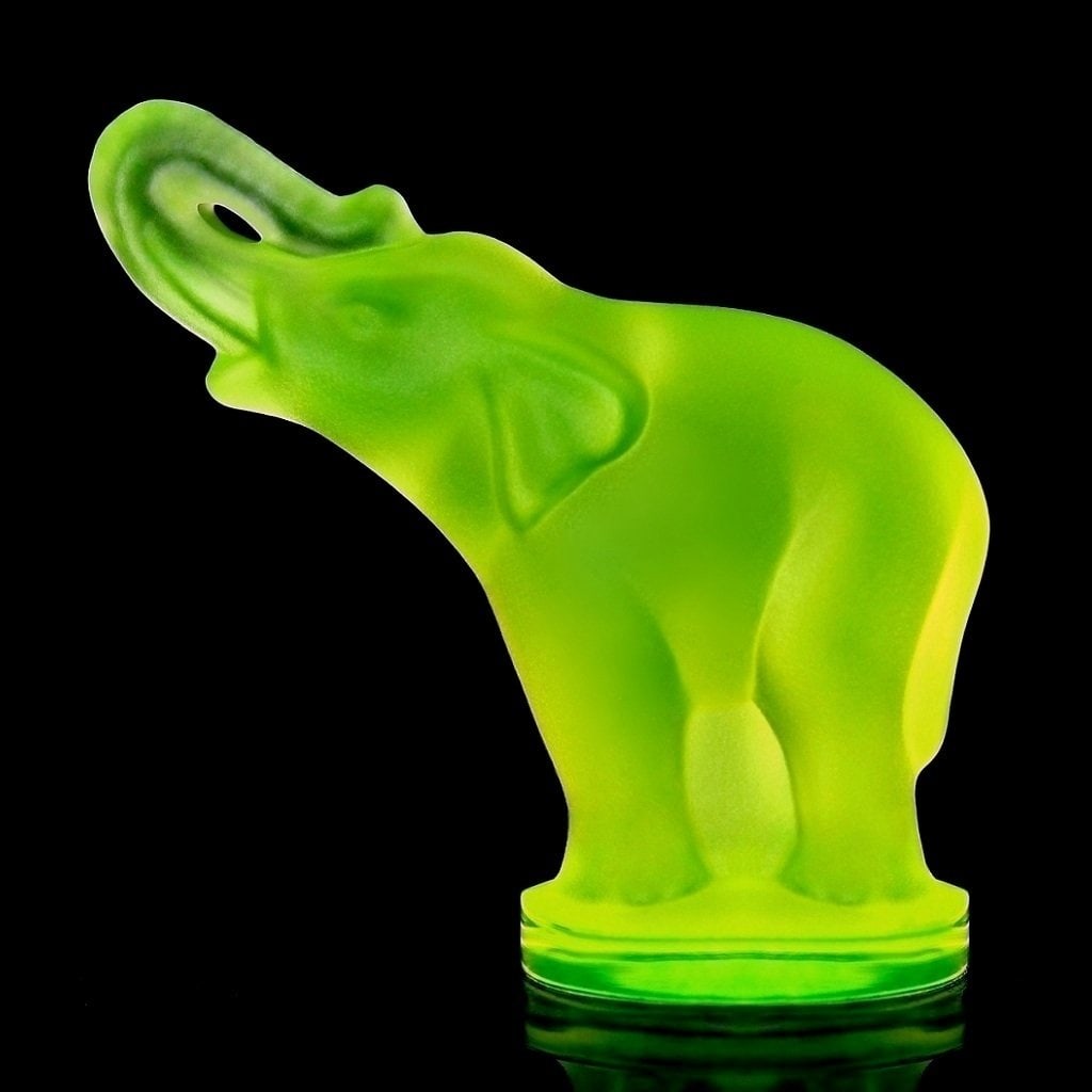 Art Deco Vaseline Uranium Glass Elephant Figurine 1930' H.Hoffmann: Top Qality Art Deco Vaseline Uranium Glass Figurine. This piece was made in Bohemia from the ORIGINAL Antique molds that was used back in 1930's. It is BREATHTAKING high quality satin finish glass scu