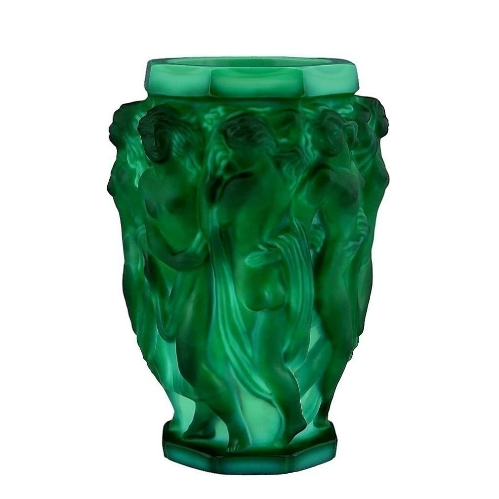 Glamorous Art Deco Malachite Glass Bacchantes Vase 1930' H.Hoffmann by Lalique: This piece is a great addition to collection or a great gift. Top Quality Malachite Glass Vase with raised figures of revelling bacchantes around the full circumference exhibiting excellent colour and