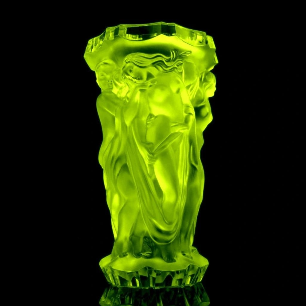French Art Deco Vaseline Uranium Glass Bacchantes Large Vase 1930' H.Hoffmann: This piece is a great addition to collection or a great gift. Timeless design - Art Deco Uranium Glass Vase. This piece was made in Bohemia from ORIGINAL antique vintage molds that were used during th