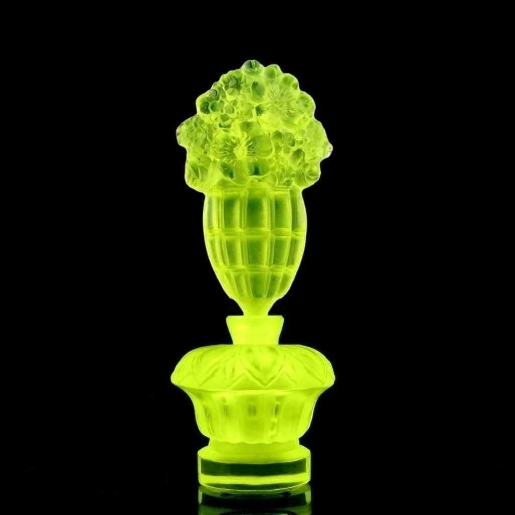 Art Deco 1930' Bohemian Vaseline Glass Collectible Perfume Bottle: Top Quality Art Deco Vaseline Glass Perfume Bottle. This piece was made in Bohemia from ORIGINAL antique molds that were used during the 1930's - 1939's. It is breathtaking high quality satin finish g