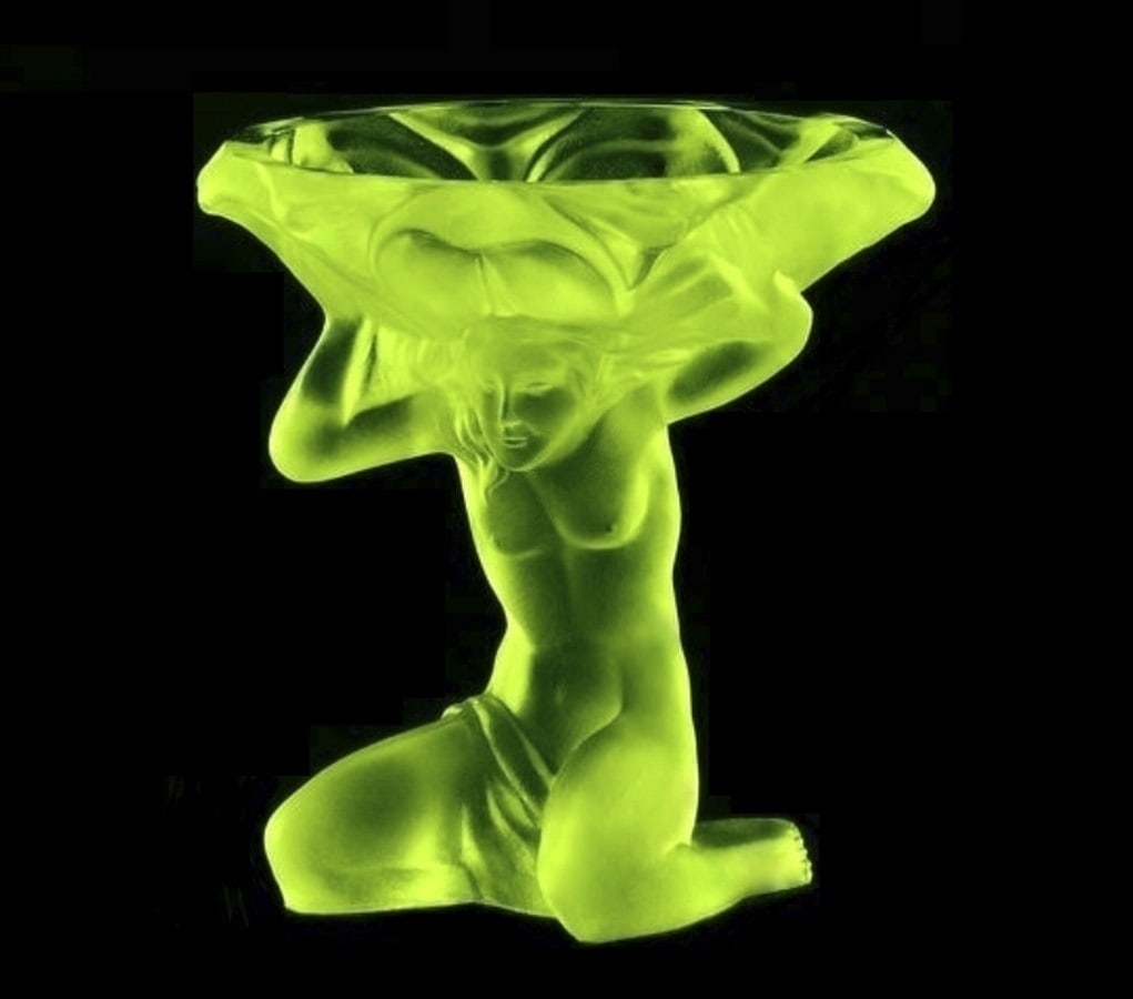 Art Deco Vaseline Uranium Glass Jewelry Bowl Sculpture 1930' H.Hoffmann by Lalique: This piece is a great addition to collection or a great gift. Top Qality Art Deco Vaseline Uranium Glass Bowl. This piece was made in Bohemia from the ORIGINAL antique vintage molds that was used back