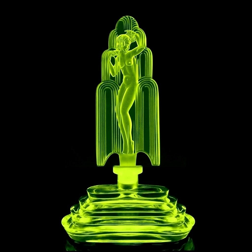 Art Deco Collectible Perfume Bottle Czech Vaseline Uranium Glass 1930' H.Hoffmann: This perfume Bottle is a great addition to any collection or a wonderful gift. It was made in Bohemia using original antique vintage molds that were used in the 1930s. It is a breathtaking, high-quali