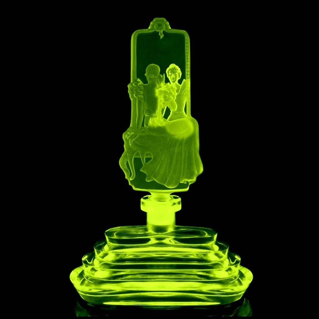 Art Deco Czech Perfume Bottle 'Girl in Front of the Mirror' Vaseline Uranium Glass 1930' H. Hoff: This piece is a great addition to any collection or a wonderful gift. It was made in Bohemia using original antique vintage molds that were used in the 1930s. It is a breathtaking, high-quality Vaseli