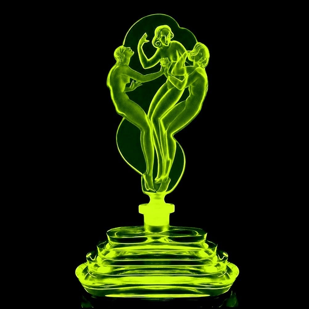 Art Deco Czech Perfume Bottle 'Three Graces' Vaseline Uranium Glass 1930' H.Hoffmann (1 of 2)