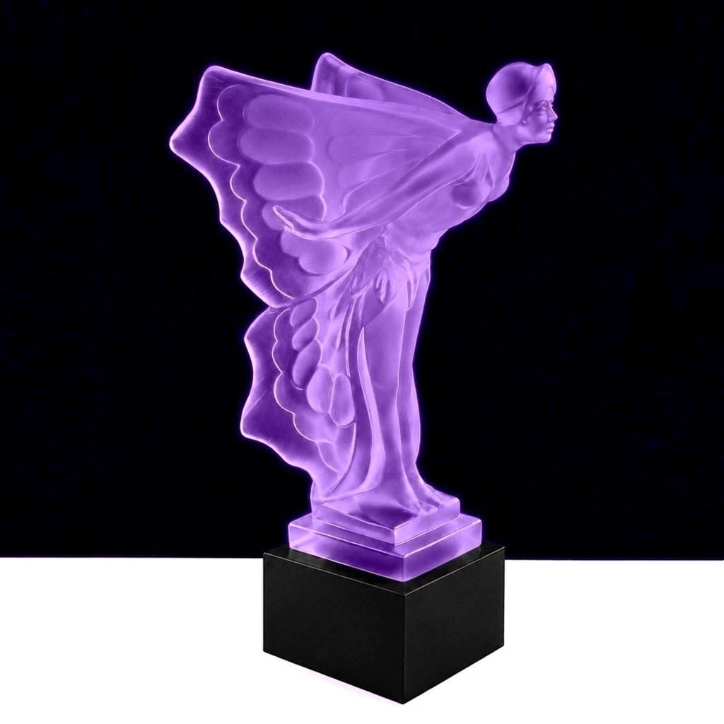 Art Deco Alexandrite Glass Hood Ornament Sculpture Rolls Royce ' Flying Lady ' 1930' H.Hoffmann: Top Quality Alexandrite Glass Car Mascot. This piece was made in Bohemia from ORIGINAL antique vintage molds that were used during the 1930's - 1939's. It is BREATHTAKING high quality satin finish gla
