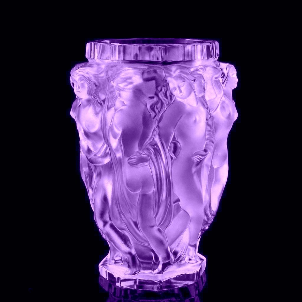 Glamorous Art Deco Alexandrite Glass Bacchantes Vase 1930' H.Hoffmann by Lalique: Top Quality Alexandrite Glass Vase with raised figures of revelling bacchantes around the full circumference exhibiting excellent colour and detail. This piece was made in Bohemia from ORIGINAL antiqu