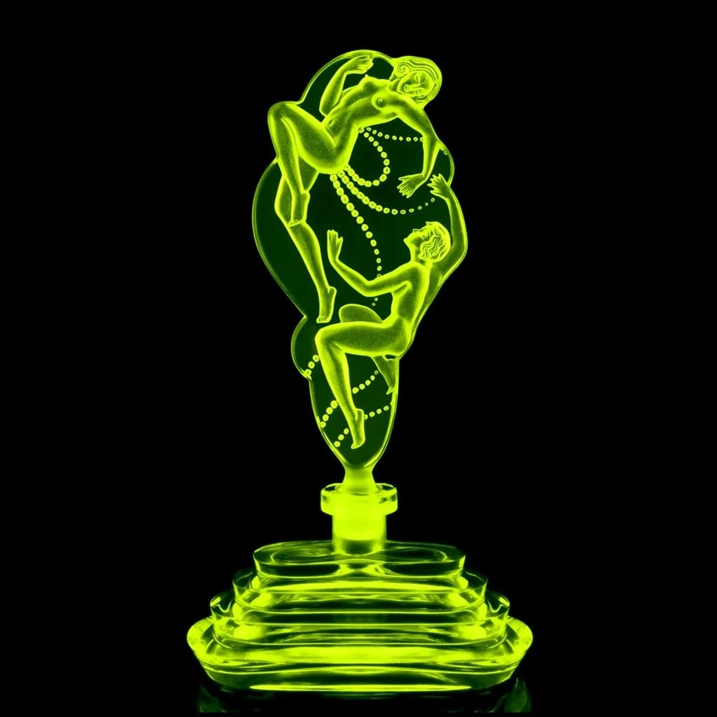 Art Deco Czech Perfume Bottle 'Eroticon' Vaseline Uranium Glass 1930' H.Hoffmann: This piece is a great addition to any collection or a wonderful gift. It was made in Bohemia using original antique vintage molds that were used in the 1930s. It is a breathtaking, high-quality Vaseli