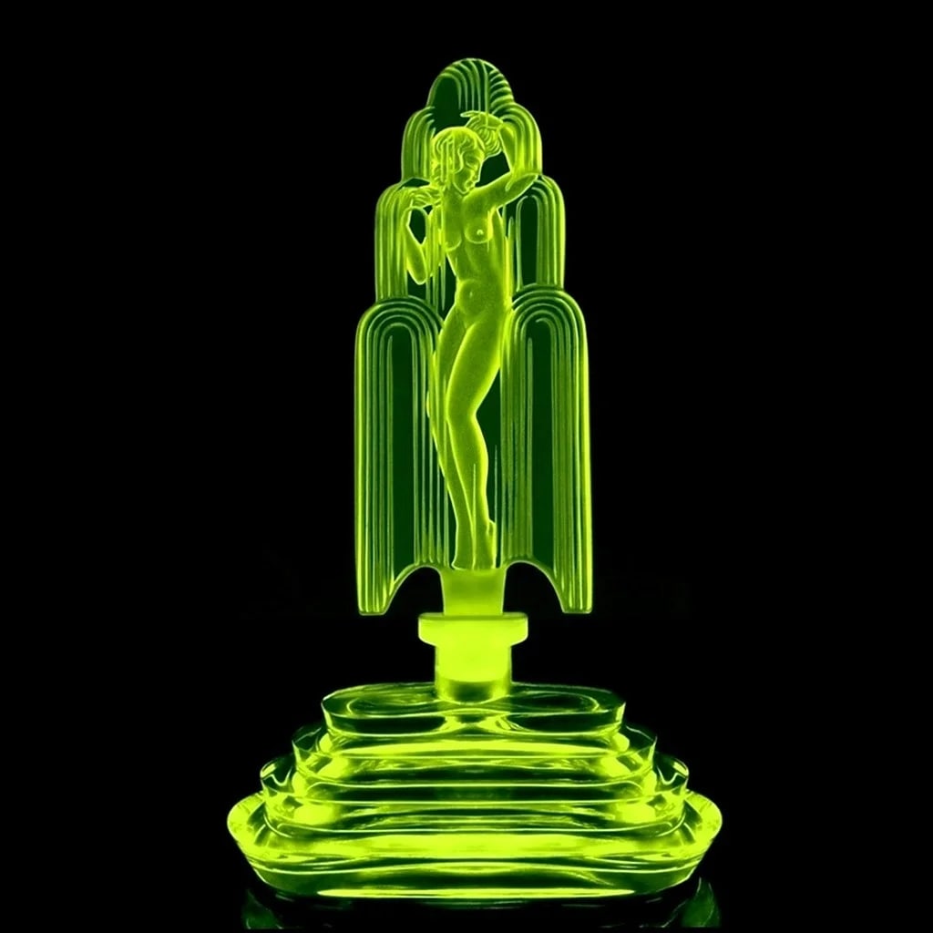 Art Deco Perfume Bottle Bohemian Vaseline Uranium Glass 1930' H.Hoffmann: This perfume Bottle is a great addition to any collection or a wonderful gift. It was made in Bohemia using original antique vintage molds that were used in the 1930s. It is a breathtaking, high-quali