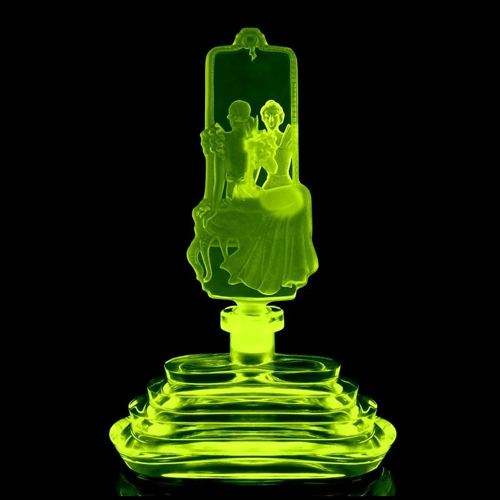 Art Deco Czech Perfume Bottle 'Girl in Front of the Mirror' Uranium Glass 1930' H. Hoffmann: This piece is a great addition to any collection or a wonderful gift. It was made in Bohemia using original antique vintage molds that were used in the 1930s. It is a breathtaking, high-quality Vaseli