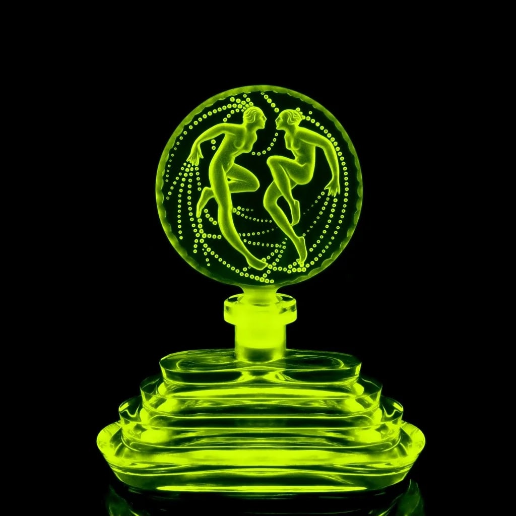 Art Deco Czech Perfume Bottle 'Twin Sirens' Vaseline Uranium Glass 1930' H.Hoffmann: This piece is a great addition to any collection or a wonderful gift. It was made in Bohemia using original antique vintage molds that were used in the 1930s. It is a breathtaking, high-quality Vaseli