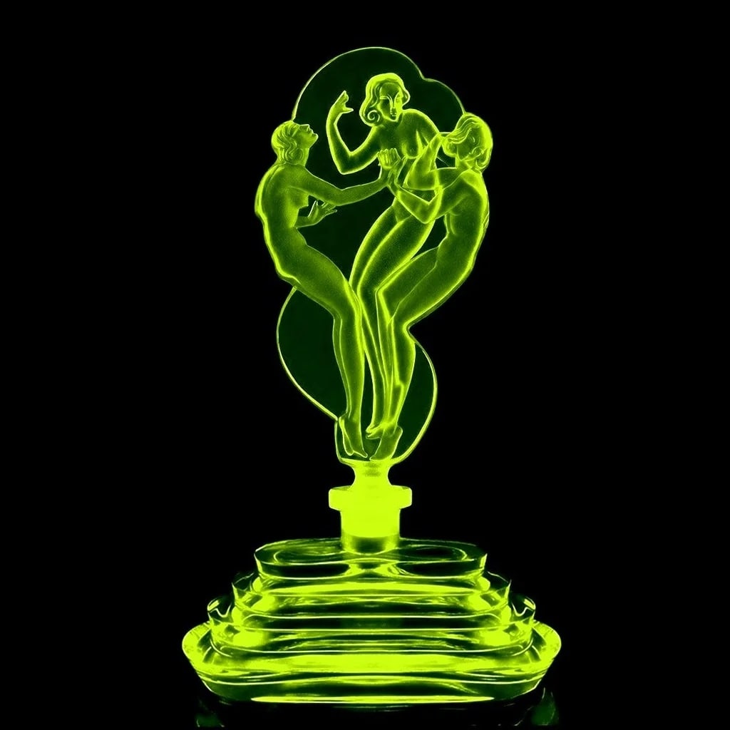 Art Deco Vaseline Uranium Glass 'Three Graces' Collectible Perfume Bottle 1930' H.Hoffmann: This perfume bottle is a great addition to any collection or a wonderful gift. It was made in Bohemia using original antique vintage mold that were used in the 1930s. It is a breathtaking, high-qualit