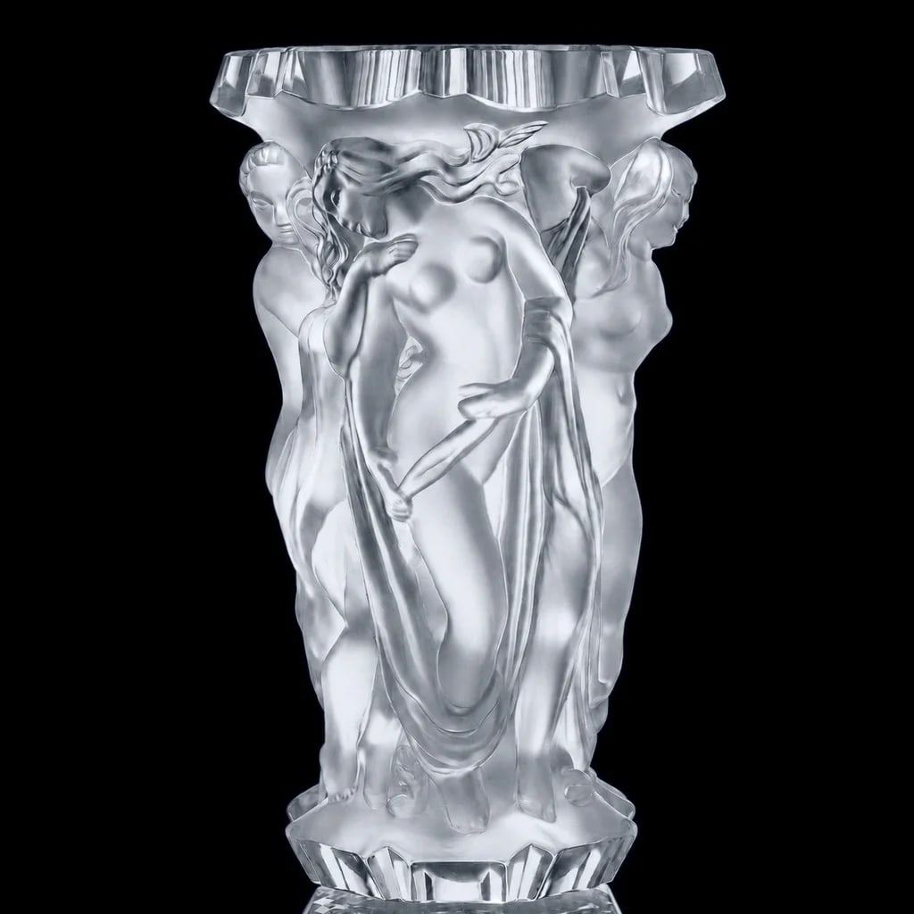 Glamorous Art Deco Satin Glass Ladies Figural Bacchantes Large Vase 1930' H. Hoffmann: Art Deco Frosted Clear Glass Vase. This piece was made in Bohemia from the ORIGINAL antique molds that was used back in 1930's - 1939's. It is BREATHTAKING high quality satin finish glass in stylish A