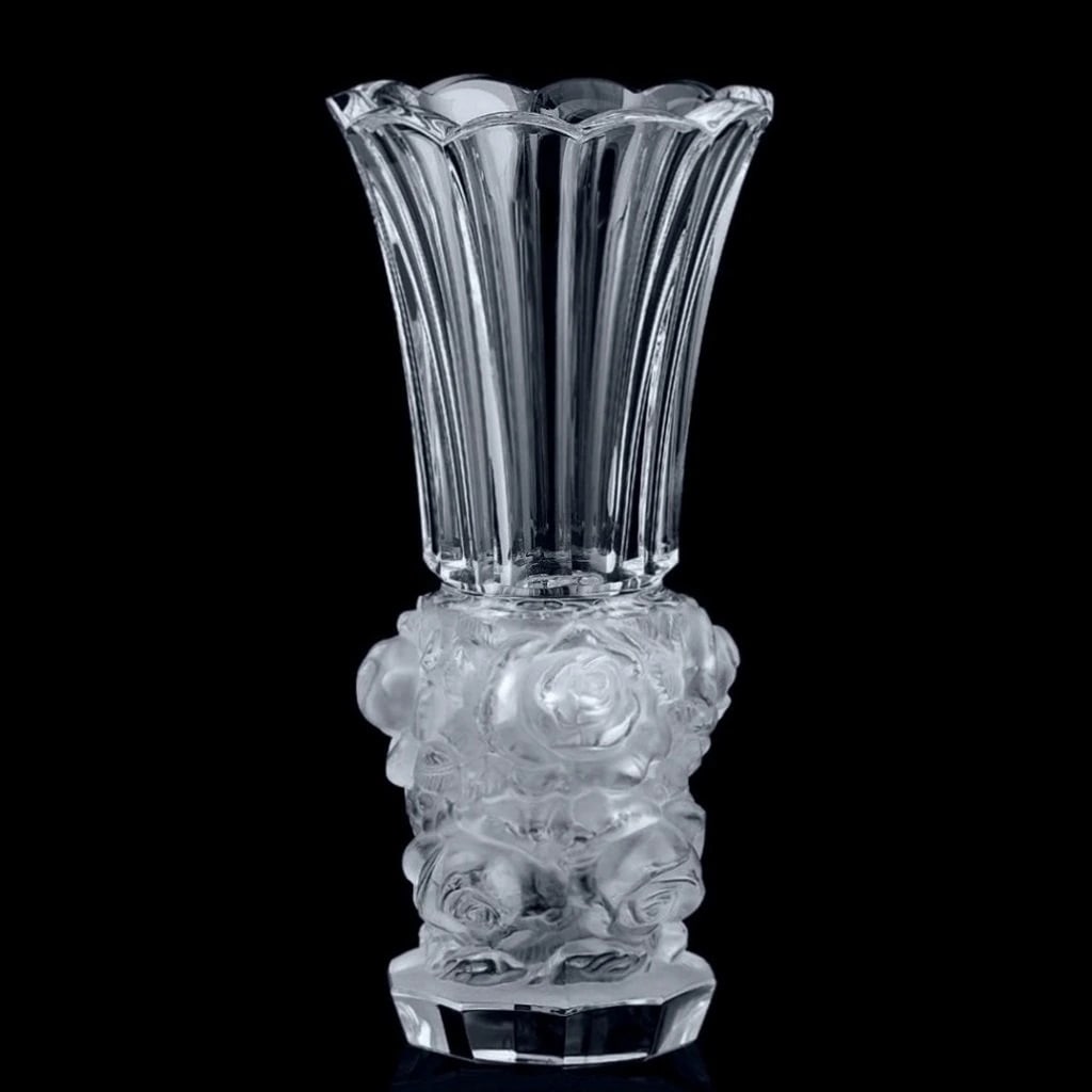 Art Deco Satin Glass 'Roses' Vase 1930s H.Hoffmann: Clear Frosted Glass Vase - excellent colour and detail. This vase was originally made by LALIQUE. This piece was made in Bohemia from ORIGINAL antique molds that were used during the 1930's - 1939's. 