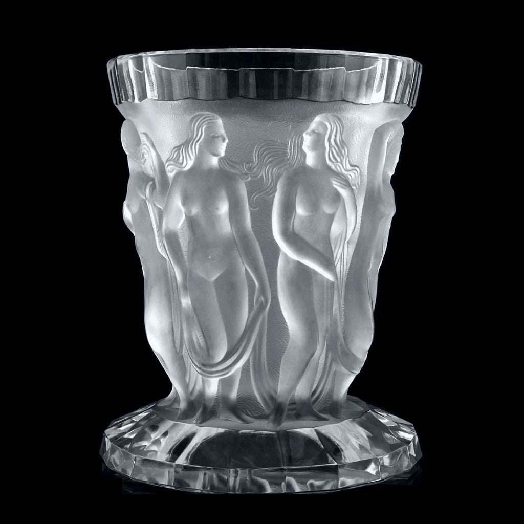 Art Deco Satin Glass Large Vase 1930' H.Hoffmann: Art Deco Glass Vase with raised figures of revelling bacchantes around the full circumference exhibiting excellent colour and detail. This piece was made in Bohemia from ORIGINAL antique molds that we