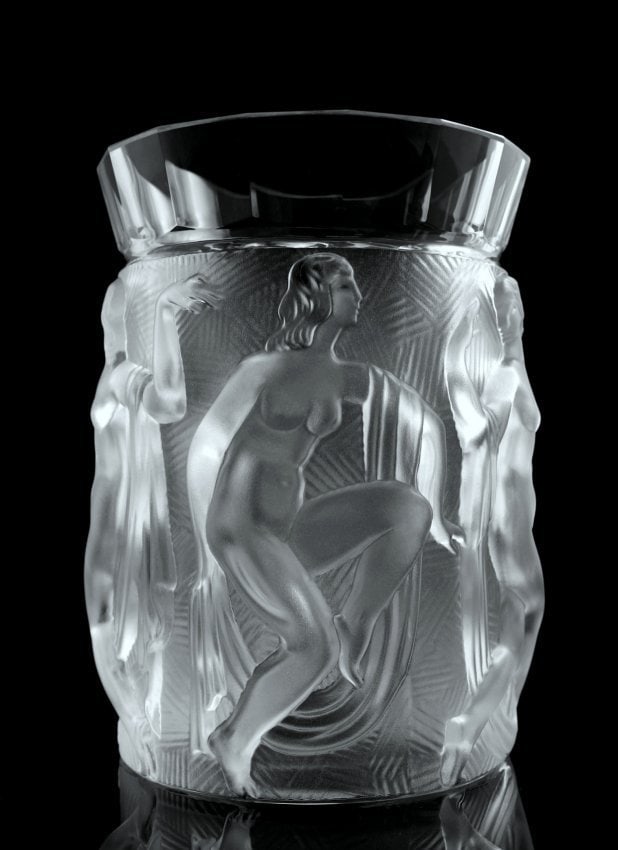 Glamorous Art Deco Glass Vase 1930' H.Hoffmann: Art Deco Glass Vase with raised figures of revelling bacchantes around the full circumference exhibiting excellent colour and detail. This piece was made in Bohemia from ORIGINAL vintage antique molds